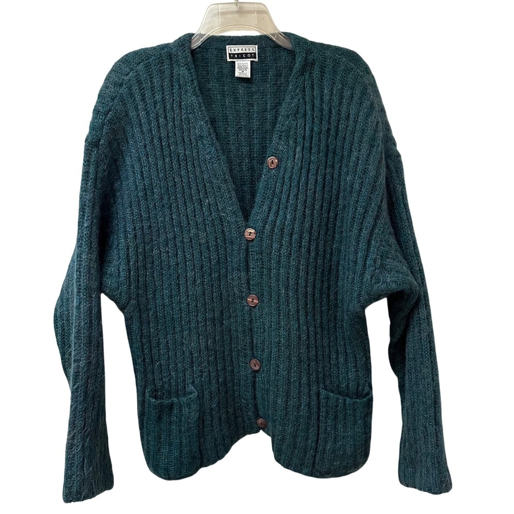 Express Tricot Vintage 90s Mohair Blend Ribbed Cardigan Teal Green Medium